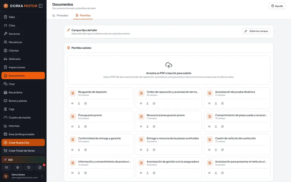 Las plantillas de documentos legales del taller, listas para firmar en el mostrador o a distancia.